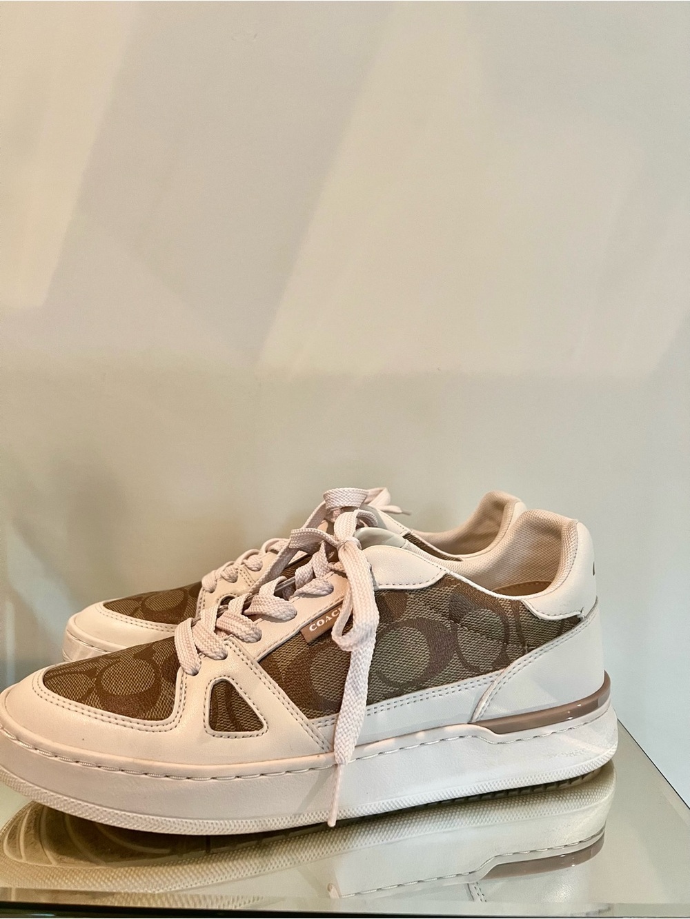 Coach Beige Monogram Canvas and White Leather Sneakers